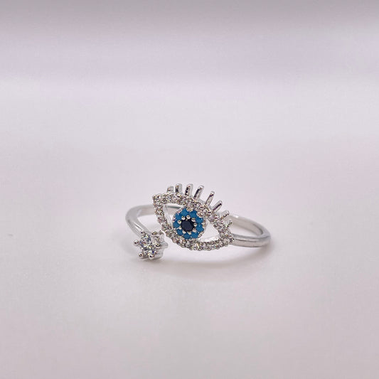 CZ tear evil eye ring - Silver front view
