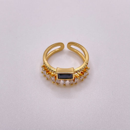 Baguette cut double gold ring - Jet black laying flat