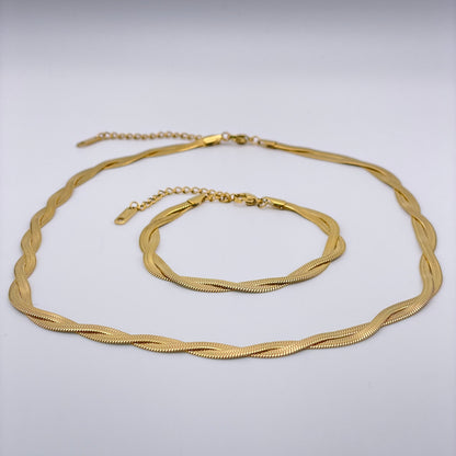 18K braided double herringbone necklace - Gold with bracelet