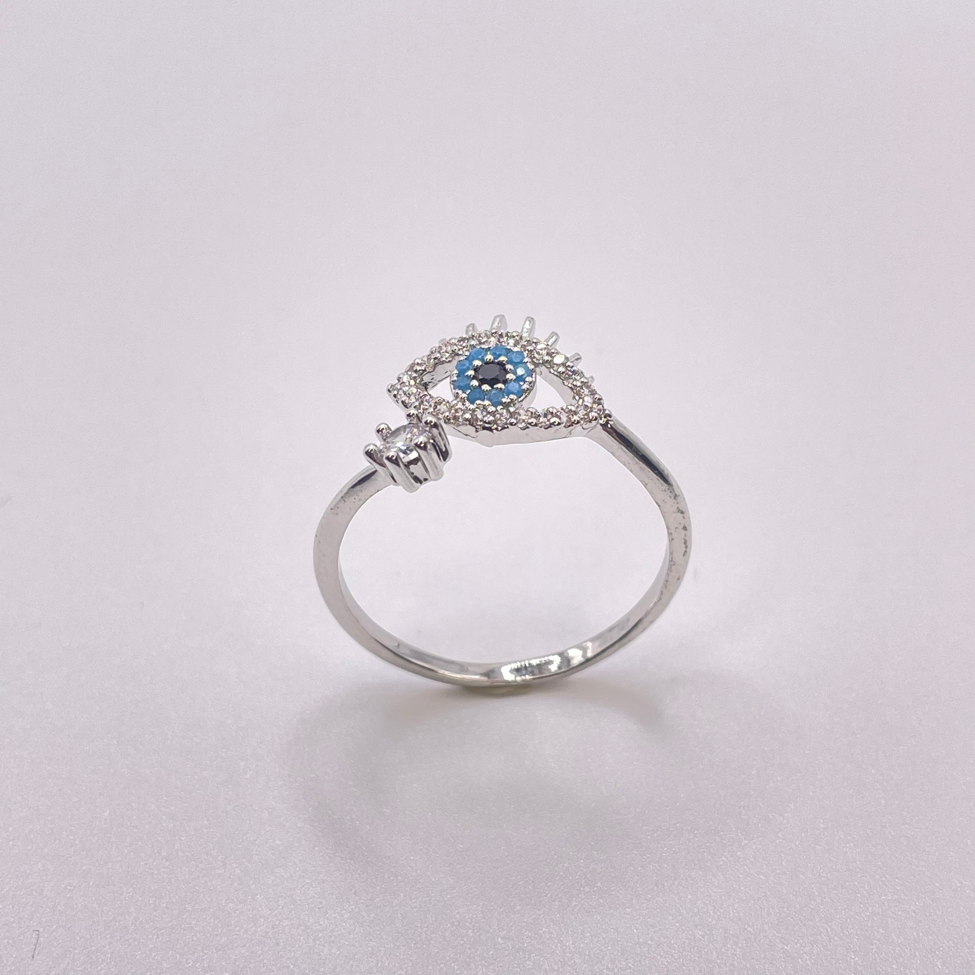 CZ tear evil eye ring - Silver standing