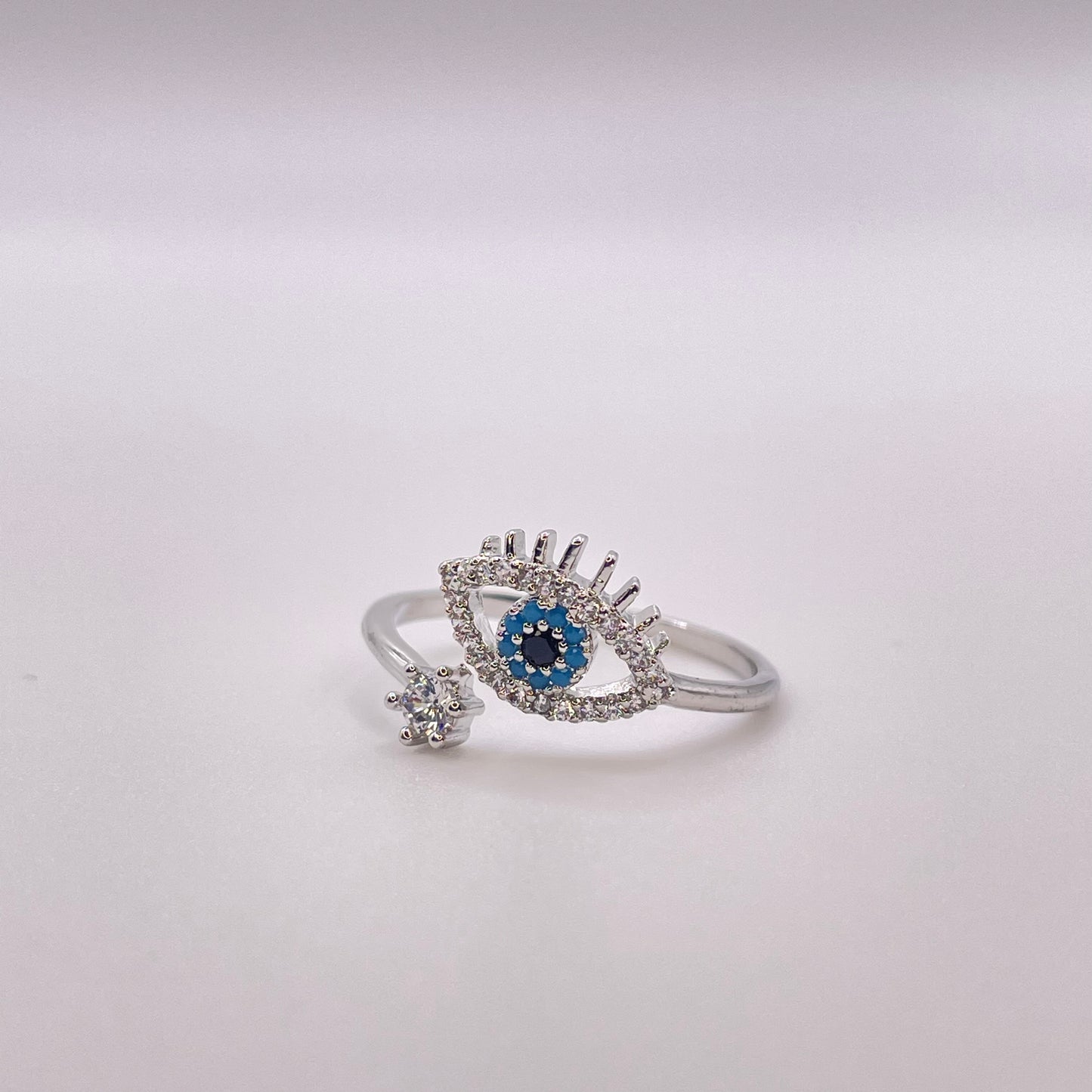 CZ tear evil eye ring - Silver front view