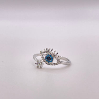 CZ tear evil eye ring - Silver front view