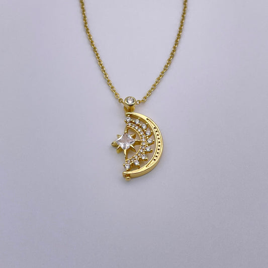 Star and crescent zircon necklace - Gold view from above