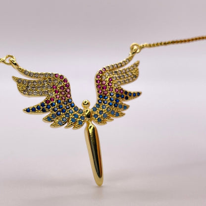 Golden angel necklace standing