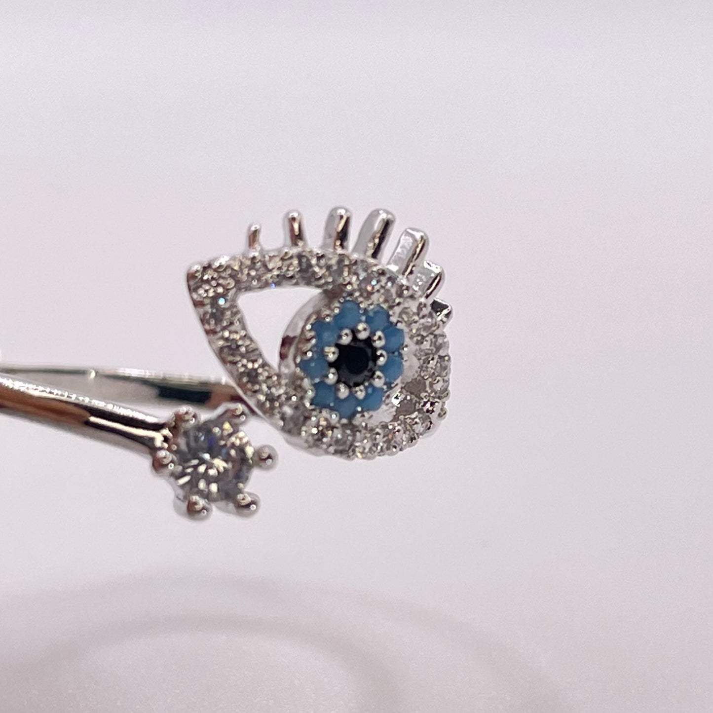 CZ tear evil eye ring - Silver close up