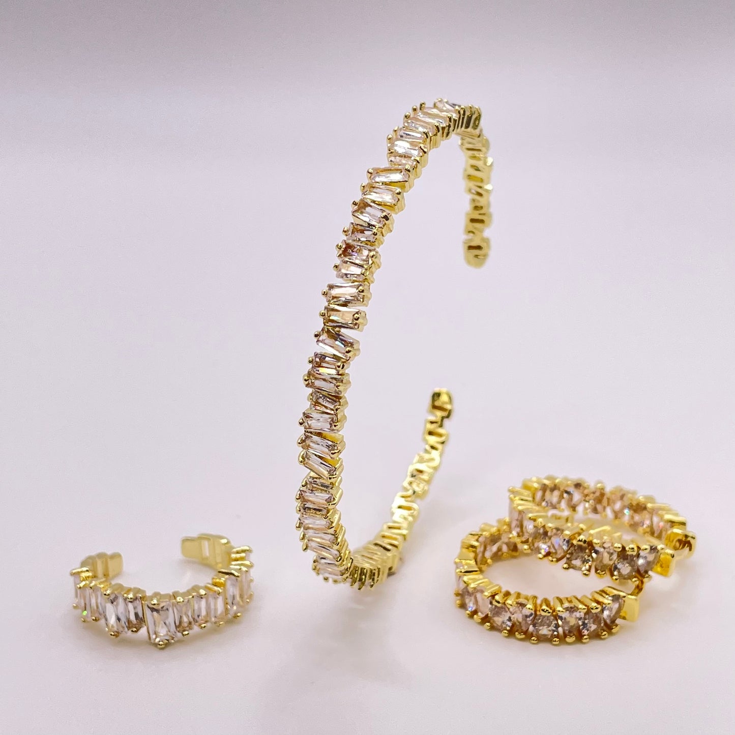 Baguette cut CZ bracelet - Gold with ring and earrings