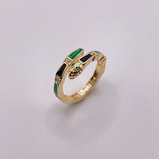 Gold snake ring - Black & Emerald side view