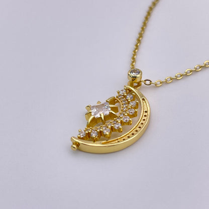 Star and crescent zircon necklace - Gold side view